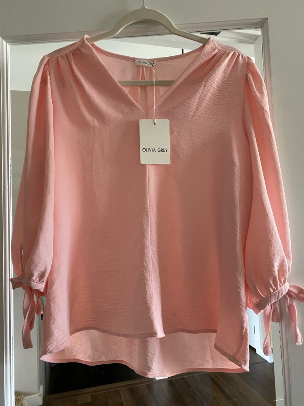 Olivia Grey Pale Pink V-Neck Tie-Sleeve Blouse